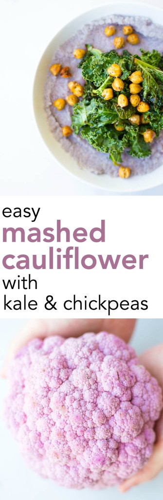 Easy Mashed Cauliflower with Kale and Chickpeas: A delicious 30-minute meal that's gluten free, vegan, and healthy! Creamy mashed cauliflower is topped with garlicky balsamic kale and roasted chickpeas! || fooduzzi.com recipes