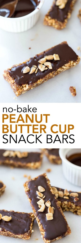 No-Bake Peanut Butter Cup Snack Bars: An addictive 5-ingredient snack or dessert that's gluten free, vegan, and healthy! They taste just like a candy bar! || fooduzzi.com recipes