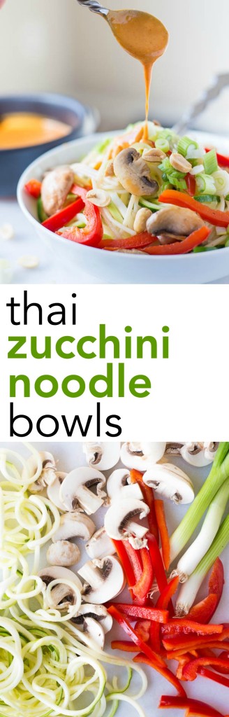 Thai Zucchini Noodle Bowls: A quick 15-minute meal that's gluten free, vegan, and healthy! The creamy nut butter sauce is out-of-this-world! || fooduzzi.com recipes