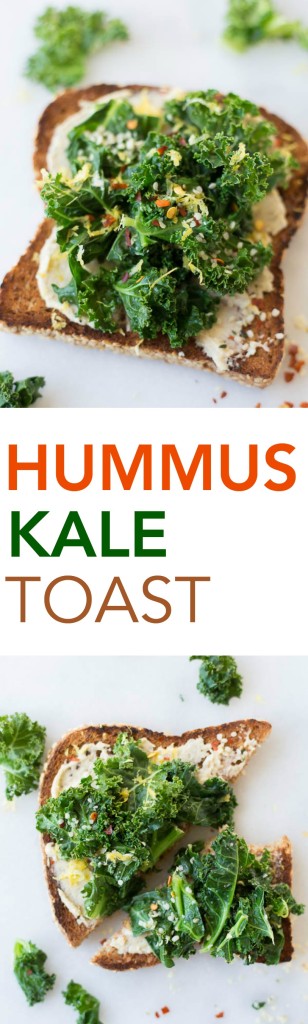 Hummus Kale Toast: a delicious gluten free and vegan breakfast or snack! Flavors like garlic, lemon, and red pepper flakes make for a truly spectacular toast! || fooduzzi.com recipes