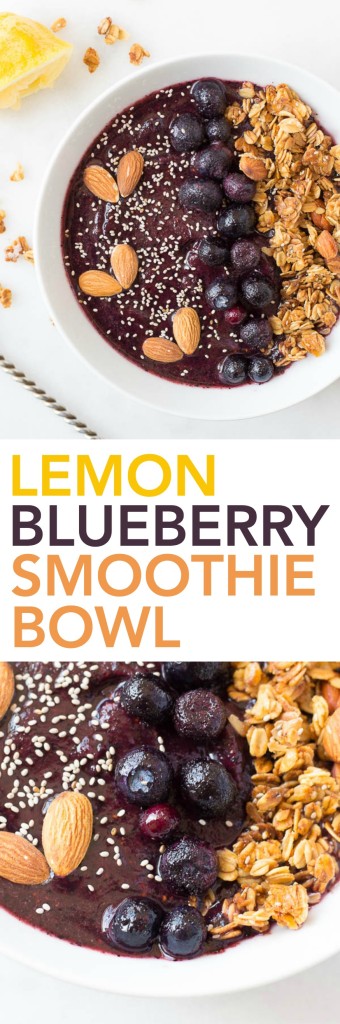 Lemon Blueberry Smoothie Bowl: A quick and easy smoothie bowl recipe that's gluten free, vegan, and healthy! It only requires a few ingredients, and it's topped with chia seeds, almonds, and a lemon chia seed granola! || fooduzzi.com recipe