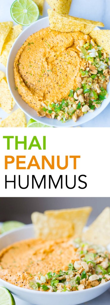 Thai Peanut Hummus: A simple homemade hummus recipe that's filled with Thai peanut sauce ingredients like Sriracha, garlic, and ginger! A healthy gluten free and vegan snack! || fooduzzi.com recipe