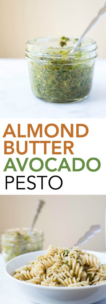 Almond Butter Avocado Pesto: This isn't your nana's pesto! Traditional pesto gets updated with almond butter and avocado! Vegetarian and gluten free and vegan option included! || fooduzzi.com recipe
