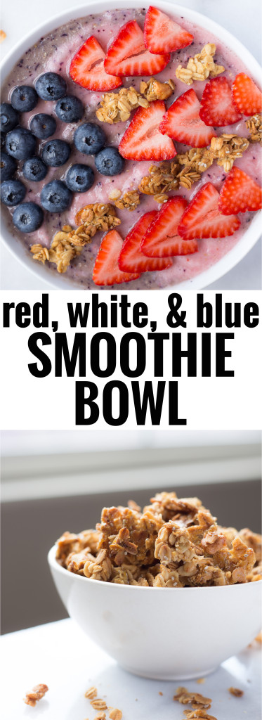Red, White, & Blue Smoothie Bowl: full of gluten free & vegan ingredients for a healthy breakfast treat! The homemade vanilla-cashew-coconut granola is the real star! || fooduzzi.com recipe