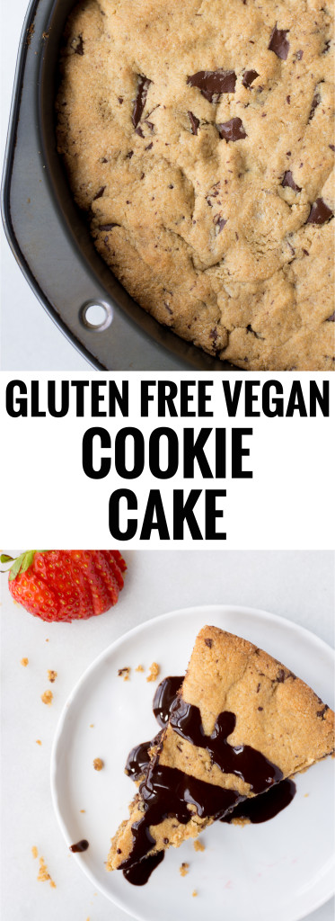 Gluten Free Vegan Cookie Cake: a rich and chewy cookie cake that's refined sugar-free and made with good-for-you ingredients. Tastes just like the cookie cake you buy at the bakery! || fooduzzi.com recipes