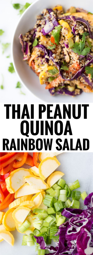 Thai Peanut Quinoa Rainbow Salad: packed with vegetables and topped with an addictive peanut sauce! Naturally gluten free, vegetarian, & vegan! || fooduzzi.com recipe