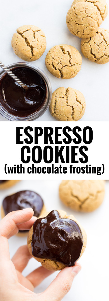 Espresso Cookies with Chocolate Frosting: Put a little pep in your cookie! These gluten free, vegan, and refined sugar-free cookies melt in your mouth, and the chocolate frosting is super thick and creamy! || fooduzzi.com recipe