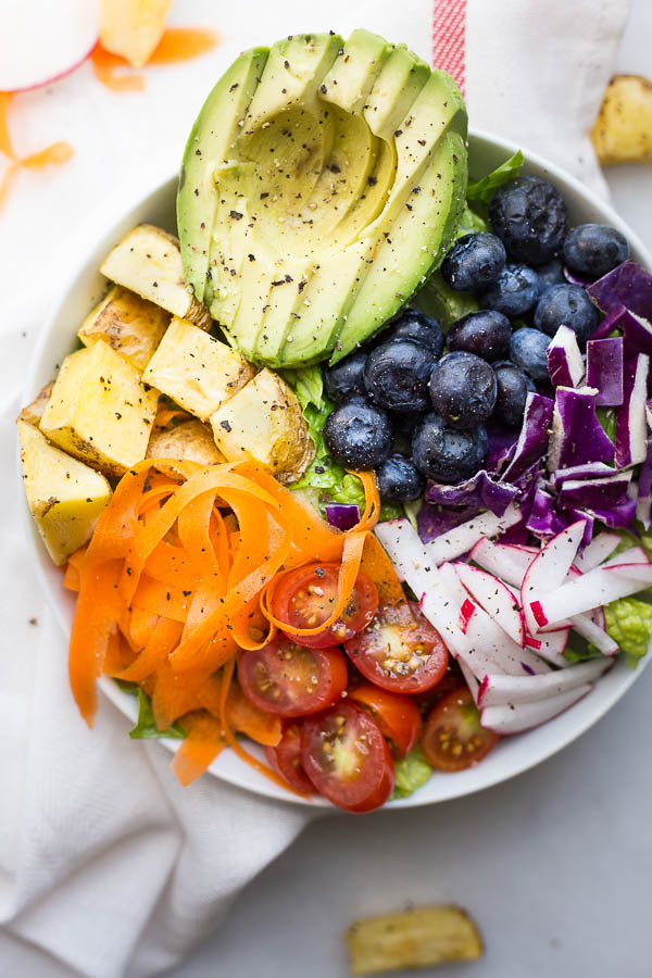 Vegan Rainbow Bowl with Maple Almond Butter Dressing