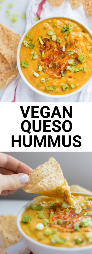 Vegan Queso Hummus: An addictive cheesy dip that's free from dairy and gluten! Made from healthy, whole food ingredients, and it's the perfect football food! || fooduzzi.com recipe