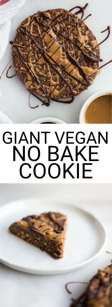Giant Vegan No Bake Cookie: a 5 ingredient cookie that's perfect for sharing! Made naturally gluten free and vegan from healthy ingredients like oats, peanut butter, and coconut oil! || fooduzzi.com recipe