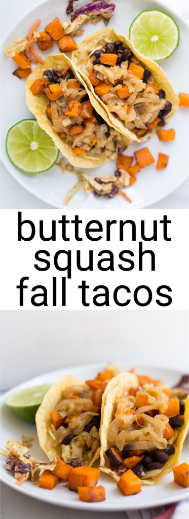 Fall Butternut Squash Tacos: These gluten free and vegan tacos are filled with ingredients like roasted squash, seasoned black beans, hummus slaw, and caramelized onions! An easy and healthy way to enjoy tacos this season! || fooduzzi.com recipe