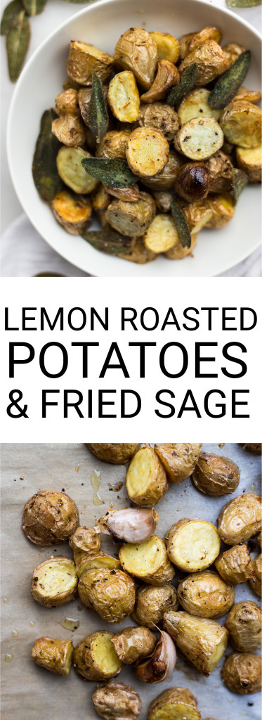 Lemon Roasted Potatoes with Fried Sage: ultra crispy and tender, these potatoes make for a beautiful gluten free and vegan side dish. Try it as a healthier Thanksgiving side! || fooduzzi.com recipes