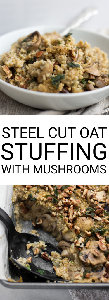 Steel Cut Oat Stuffing with Mushrooms & Fried Sage: A warm and comforting Thanksgiving staple! This gluten free & vegan stuffing is loaded with garlicky mushrooms, fried sage, and crispy pecans! || fooduzzi.com recipe