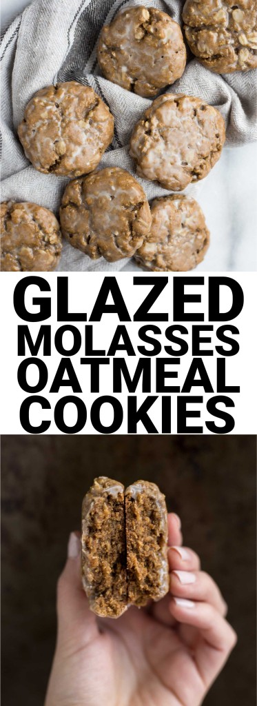Vegan Glazed Molasses Oatmeal Cookies: Soft and chewy oatmeal molasses cookies are made gluten free and vegan! Ready in less than 30 minutes, so they're the perfect healthy holiday cookie! || fooduzzi.com recipe