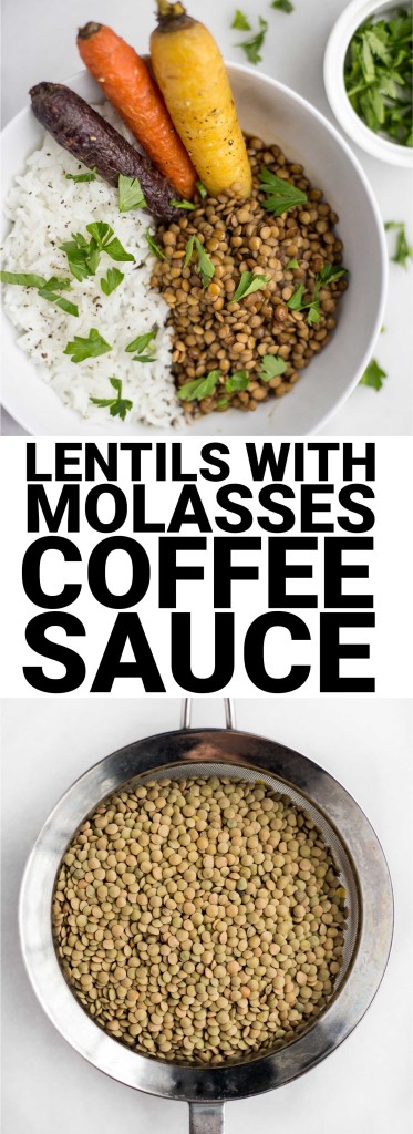 Lentils with Molasses Coffee Sauce and Roasted Carrots: Protein-packed lentils are paired with a savory molasses coffee sauce that's rich and simple to make. A hearty vegan and gluten free lunch or dinner! || fooduzzi.com recipe