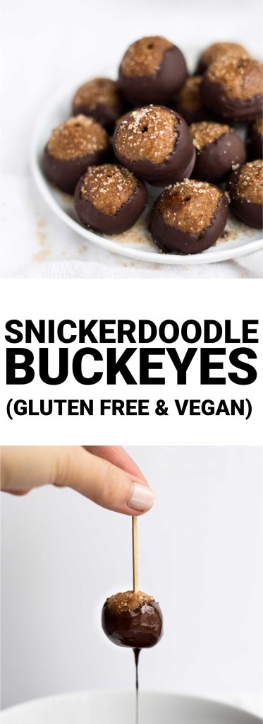Snickerdoodle Buckeyes: Rich peanut butter buckeyes are given a snickerdoodle makeover! Naturally gluten free and vegan and an easy dessert for your holiday celebrations! || fooduzzi.com recipe