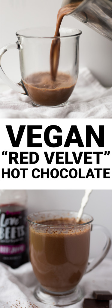 Vegan "Red Velvet" Hot Chocolate: A rich and creamy vegan hot chocolate with an antioxidant-rich secret red ingredient! Naturally refined sugar-free and gluten free! || fooduzzi.com recipe