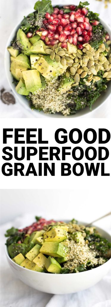Feel Good Superfood Grain Bowl: a vegan and gluten free lunch or dinner that's packed with healthy ingredients like kale, hemp seeds, and chia seeds! @bobsredmill #BRMNewYear || fooduzzi.com recipe