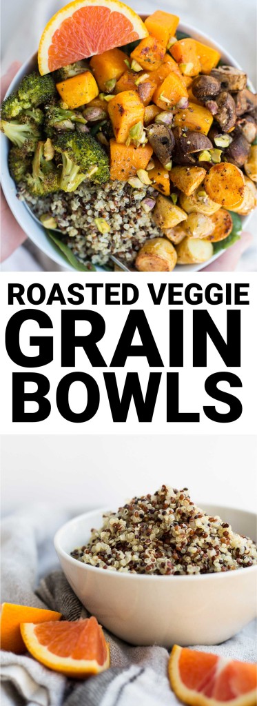 Roasted Veggie Grain Bowls with Citrus Dressing: an easy and healthy lunch or dinner! Great for batch-cooking and meal plans, and it's a naturally vegan and gluten free meal! || fooduzzi.com recipe