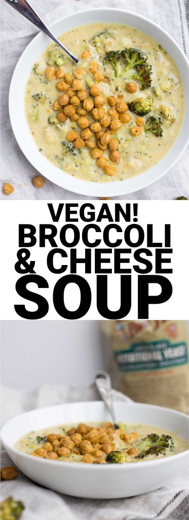 Vegan Roasted Broccoli & Cheese Soup: a vegan take on a classic! Healthy ingredients like nutritional yeast, roasted broccoli, roasted garlic, and onion make up this easy soup! Naturally gluten free. #BRMNewYear @bobsredmill || fooduzzi.com recipe