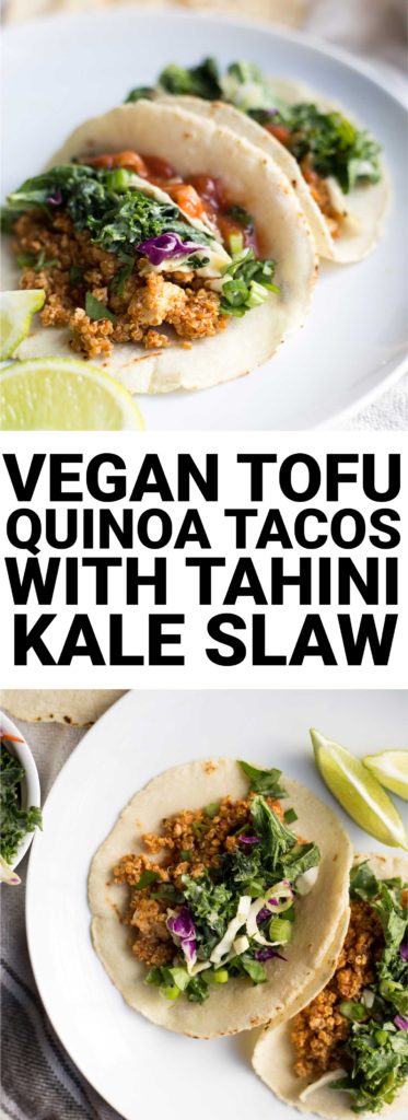Vegan Tofu Quinoa Tacos with Tahini Kale Slaw: A vegan and gluten free taco recipe that's full of protein, veggies, and flavor! An easy weeknight dinner. || fooduzzi.com recipe