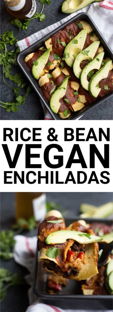 Rice & Bean Vegan Enchiladas: A simple, healthy, and from-scratch enchilada recipe perfect for Cinco de Mayo! Naturally gluten free and vegan. || fooduzzi.com recipe