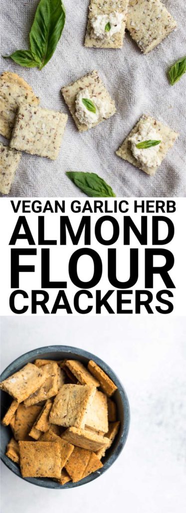 Vegan Garlic Herb Almond Flour Crackers: Make crunchy, delicious crackers at home in 30 minutes! Naturally gluten free and vegan, and super simple to make! || fooduzzi.com recipe