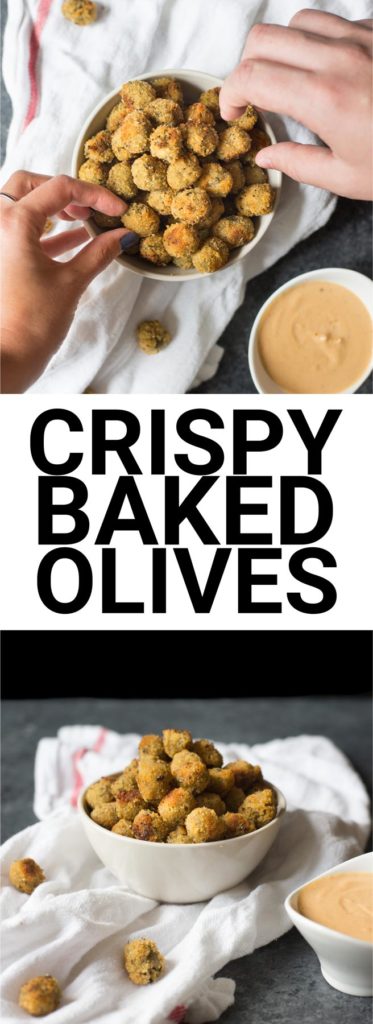 Crispy Baked Olives: An addictive crunchy snack or appetizer! Naturally vegan, and easily made gluten free! || fooduzzi.com recipe