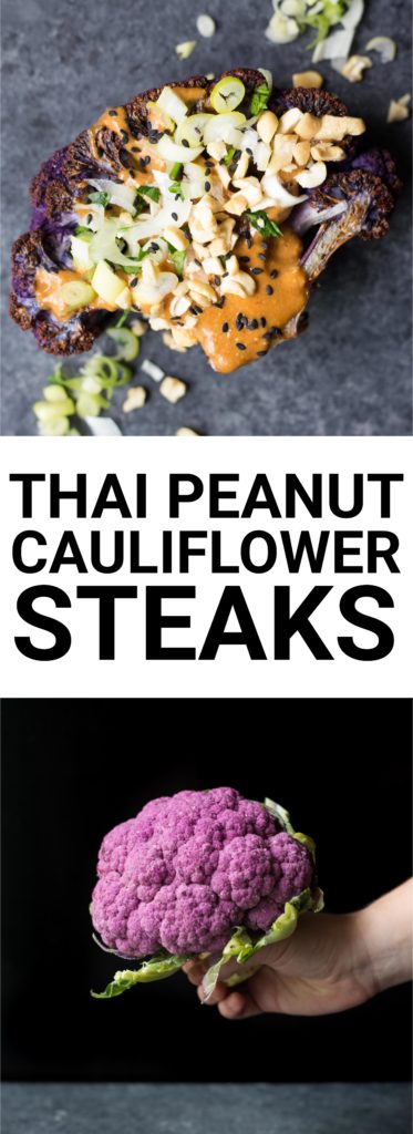Thai Peanut Cauliflower Steaks: A quick and easy dinner recipe that's sure to satisfy! Serve with quinoa, zucchini noodles, rice, or other roasted veggies for a delicious and filling vegan and gluten free dinner! || fooduzzi.com recipe
