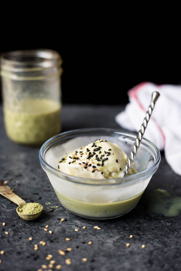 Vegan Matcha Affogato with Sesame Seeds: A fun vegan twist on the Italian dessert! Requires less than 5 ingredients and is ready in minutes. || fooduzzi.com recipe