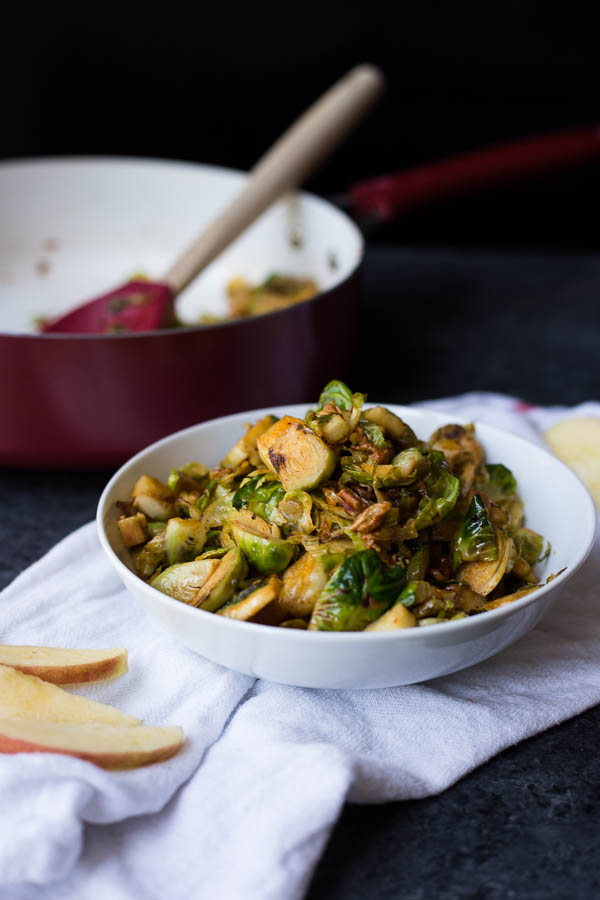 Sweet & Savory Brussels Sprout Skillet: A super simple brussels sprout dish that's perfect as a side! Naturally vegan and gluten free, and takes about 30 minutes from start to finish! || fooduzzi.com recipe