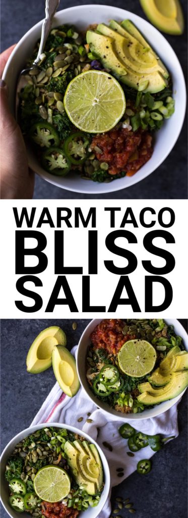 Warm Taco Bliss Salad: A super simple lunch or dinner salad that's ready in about 20 minutes! Filling, nutritious, full of veggies, and vegan! || fooduzzi.com recipe