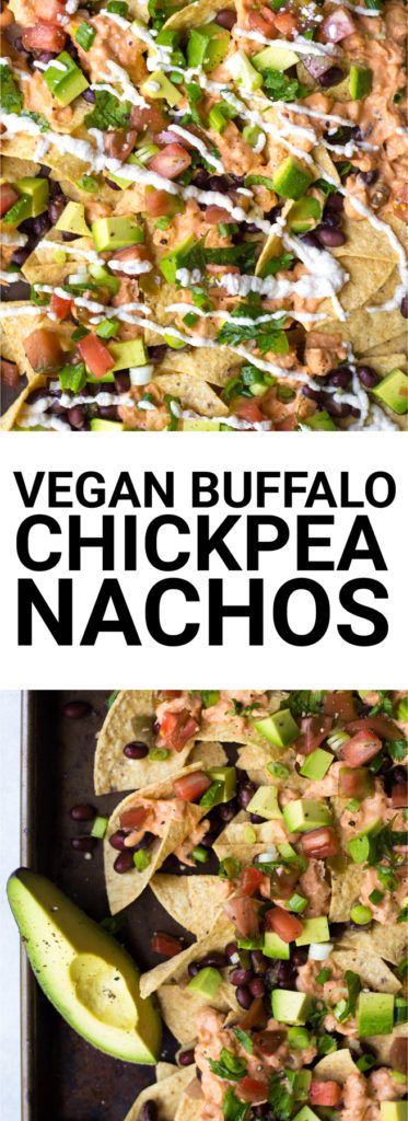 Vegan Buffalo Chickpea Nachos: Simple vegan nachos...with a kick! Naturally gluten free and easily customizable for your taste buds! Perfect for game day. || fooduzzi.com recipe