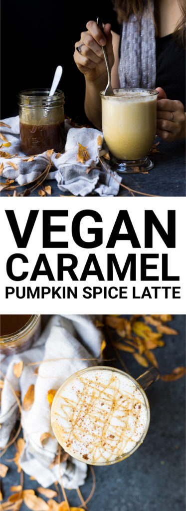 Vegan Caramel Pumpkin Spice Latte: A vegan pumpkin spice latte...with a sweet twist! Pumpkin spice caramel is a delicious addition to this famous fall latte, and it's so simple to make at home! || fooduzzi.com recipe