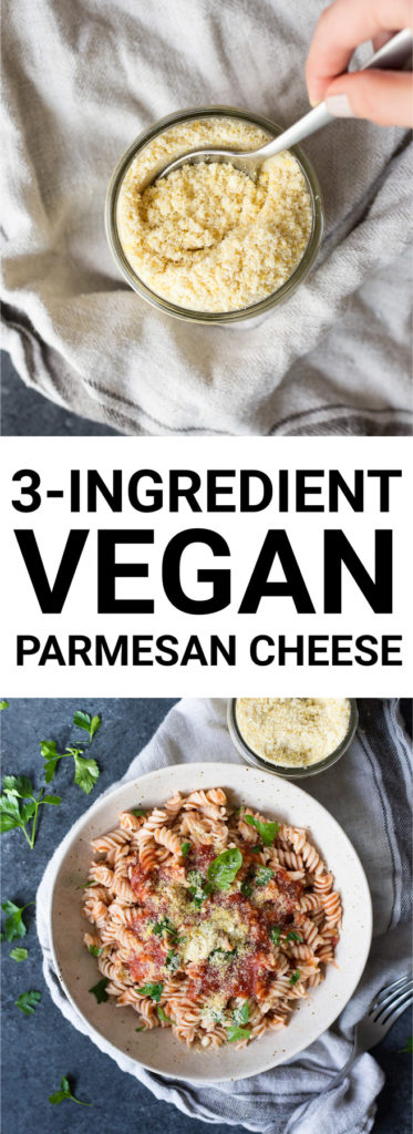 3-Ingredient Vegan Parmesan Cheese: Salty, cheesy vegan parmesan cheese that comes together in minutes! You'll love sprinkling this grated cheese on pasta, pizza, bread, and more. || fooduzzi.com recipe