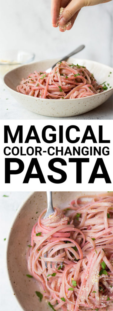 Magical Color-Changing Pasta: An edible science project! A naturally dyed pasta made with purple cabbage and tossed with a light Lemon Garlic Olive Oil sauce! Naturally gluten free and vegan. || fooduzzi.com recipe