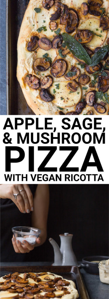 Apple, Sage, & Mushroom Pizza with Vegan Ricotta: A smoky, salty, sweet, and savory pizza perfect for fall! Topped with smoked paprika mushrooms, sweet apple, fried sage, and vegan ricotta! || fooduzzi.com recipe