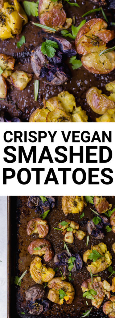 Crispy Vegan Smashed Potatoes: Tender, crispy, herby, and garlicky! These potatoes are absolutely heavenly as a Thanksgiving or holiday side! || fooduzzi.com recipe