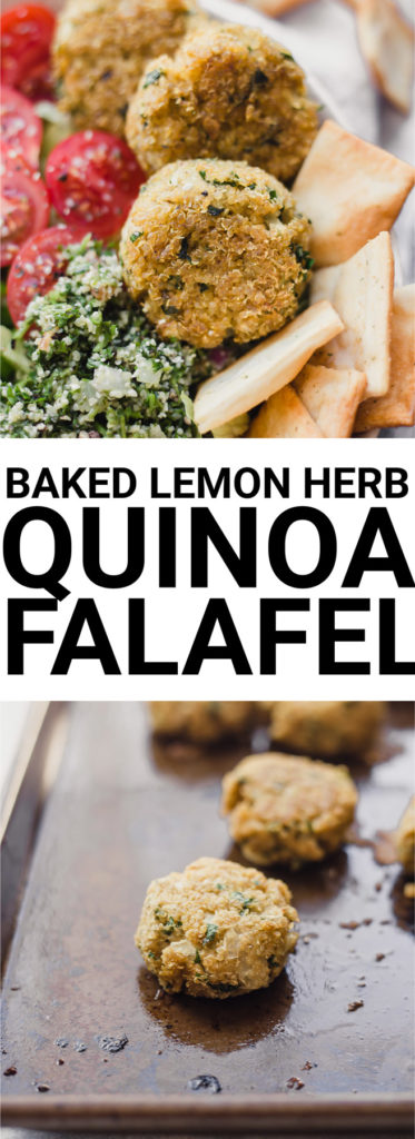 Baked Lemon Herb Quinoa Falafel: An easy, non-traditional falafel recipe that's full of flavor! Naturally vegan and gluten free, and perfect for topping grain bowls, salads, pita sandwiches, and more! || fooduzzi.com recipe #falafel #quinoa #vegan