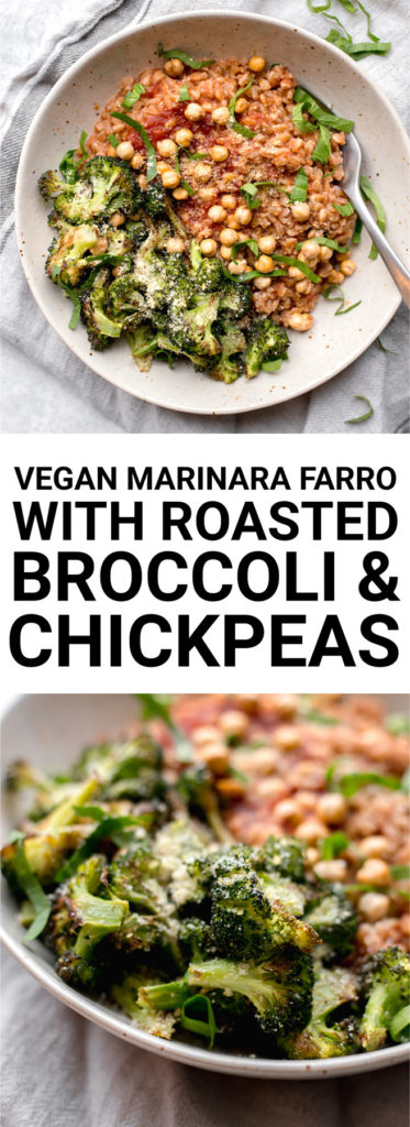 Vegan Marinara Farro with Roasted Broccoli and Chickpeas: A super simple, satisfying, and comforting vegan dinner! Best of all, this grain bowl takes about 30 minutes to make! || fooduzzi.com recipe #vegandinner #30minutemeal #grainbowl #wholegrain