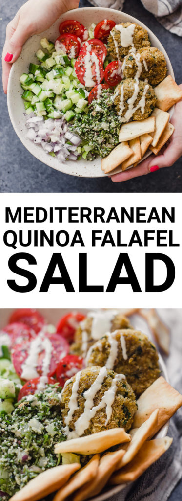 Vegan Mediterranean Quinoa Falafel Salad: A fresh, fast, and fabulous salad that's full of protein and nutrients. Naturally vegan and gluten free, and it's super filling! || fooduzzi.com recipe #salad #vegan #healthymeal