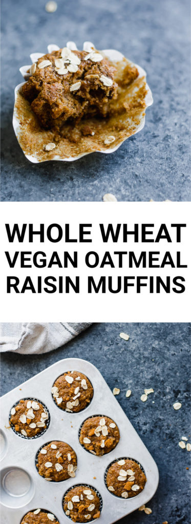 Whole Wheat Vegan Oatmeal Raisin Muffins: If you're an oatmeal raisin cookie fan, you'll LOVE this muffiny take on them! These muffins are whole wheat, naturally vegan, and so simple to make! Perfect for breakfast, snacks, or dessert. || fooduzzi.com recipe #vegan #veganmuffins #muffins #oatmeal
