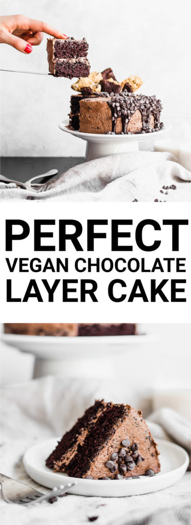 collage with pictures of chocolate cake and the title "perfect vegan chocolate layer cake"