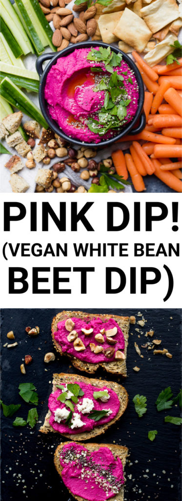 pink dip white bean beet hummus collage