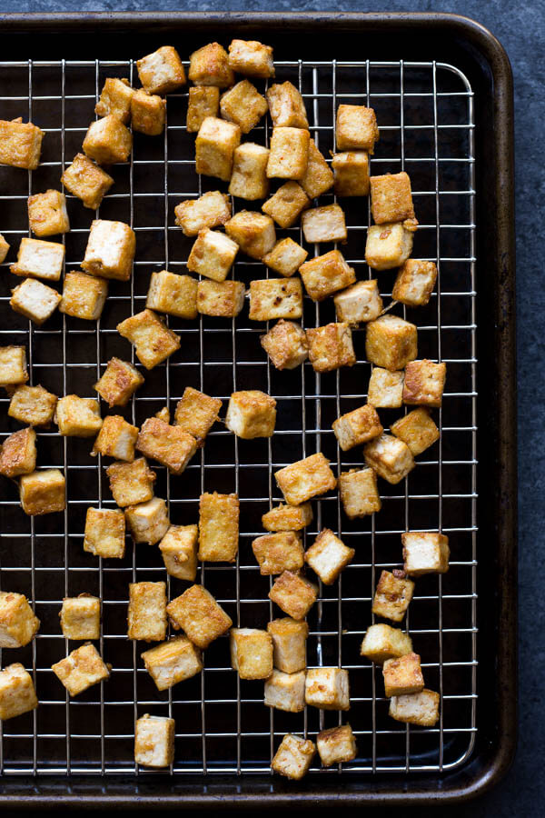 crispy tofu on a cooling rack