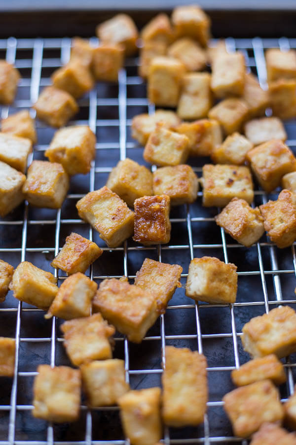 crispy tofu on a baking sheet