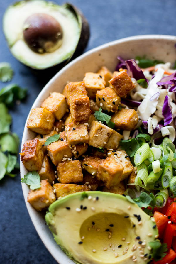 crispy tofu in a bowl with vegetables