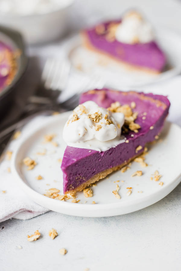 a slice of purple sweet potato pie on a plate