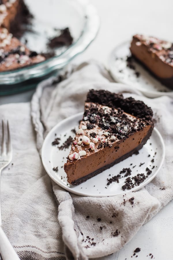 slice of vegan chocolate peppermint pie on a plate
