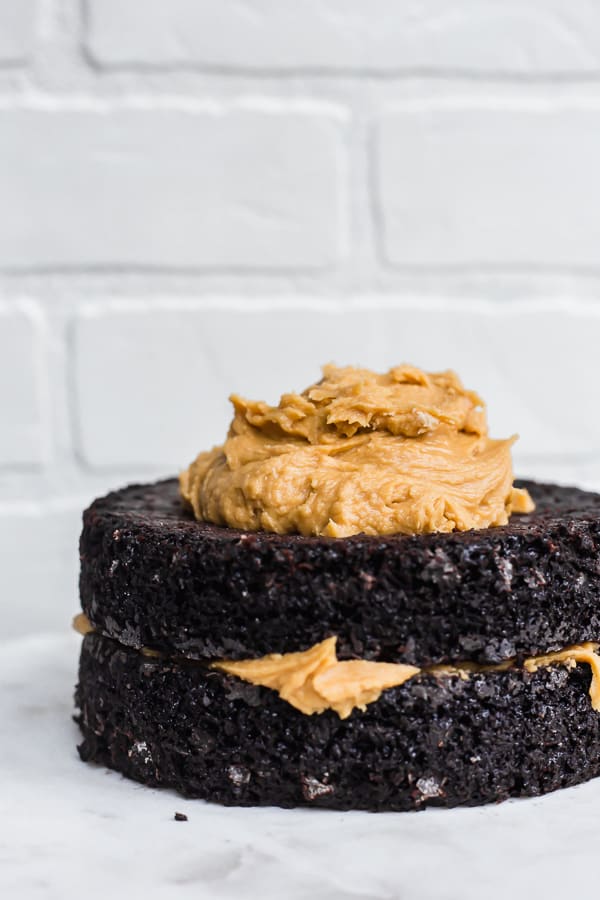 a dollop of peanut butter frosting on a chocolate vegan layer cake